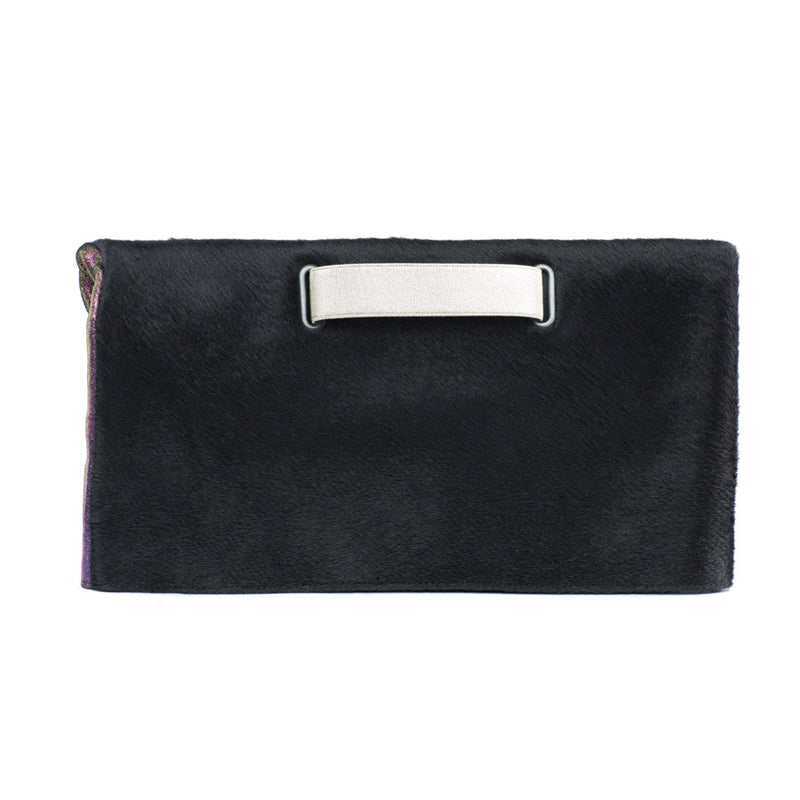 Clutch bag black fur and iridescent leather Reversible handbag