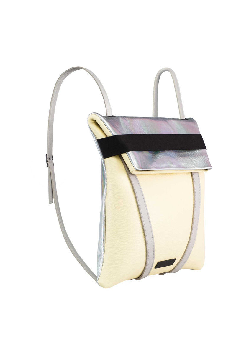 women backpack in yellow and holographic